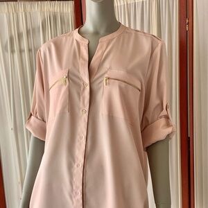 Calvin Klein Womens XL Button Down Blouse Roll Tab Sleeve Zip Pockets Pale Peach